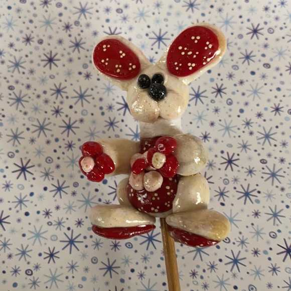 Handcrafted; Clay; Bunny; Plant Stick